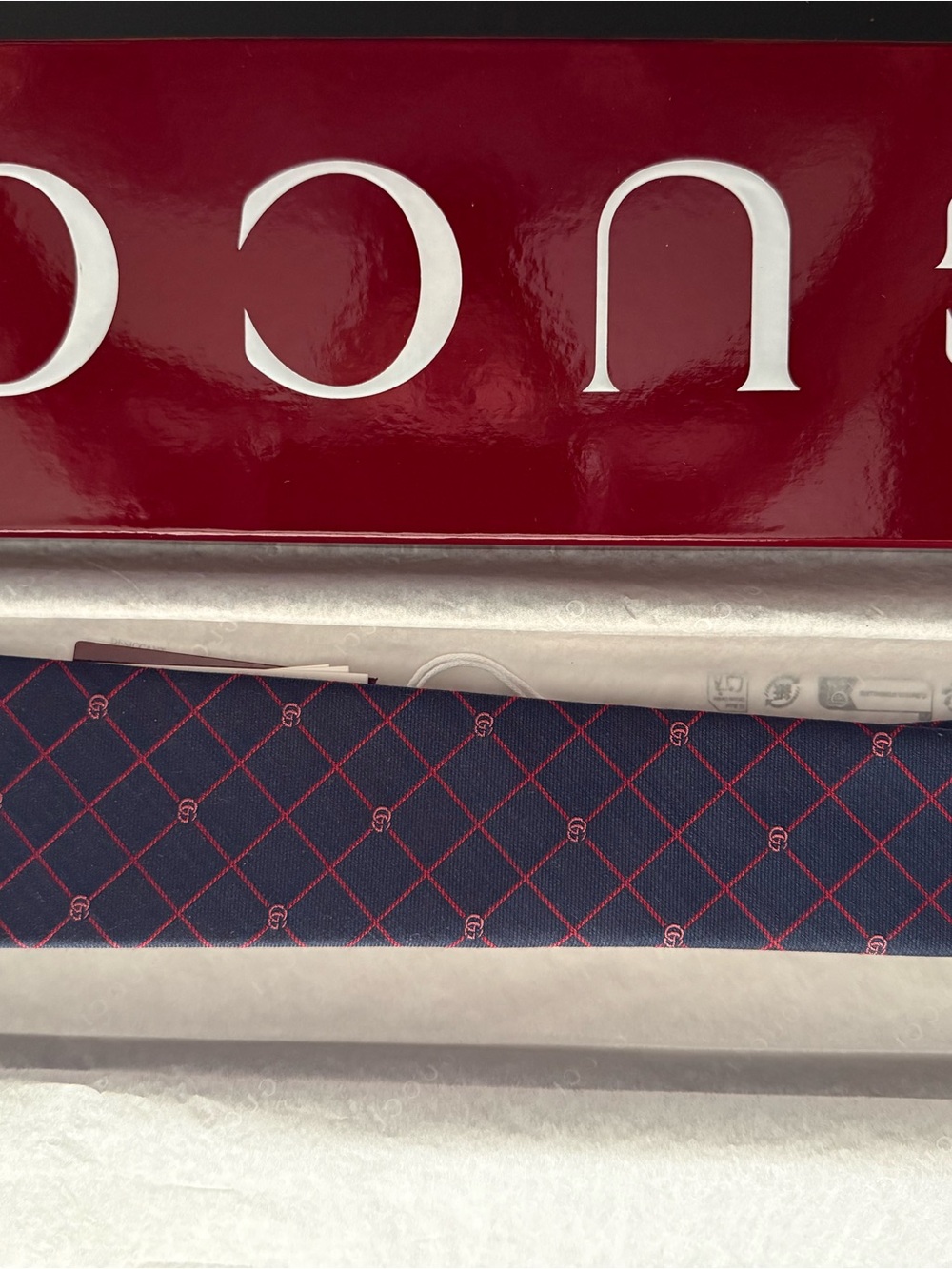 Gucci Navy Tie with Red Diamond Grid and GG Motif